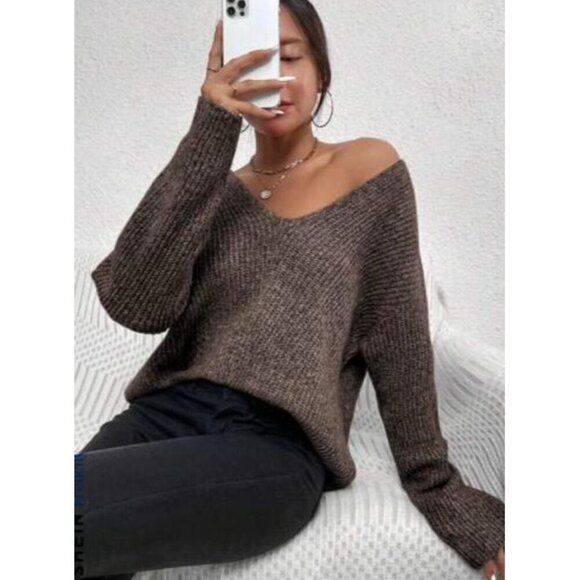 Casual Khaki V- Neck Drop Shoulder Pullovers - Picture 4 of 4